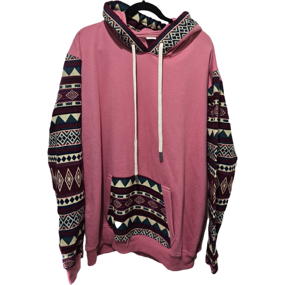 Native indigenous Geometric Print Hoodie Pullover Sweatshirt Pink maroon L